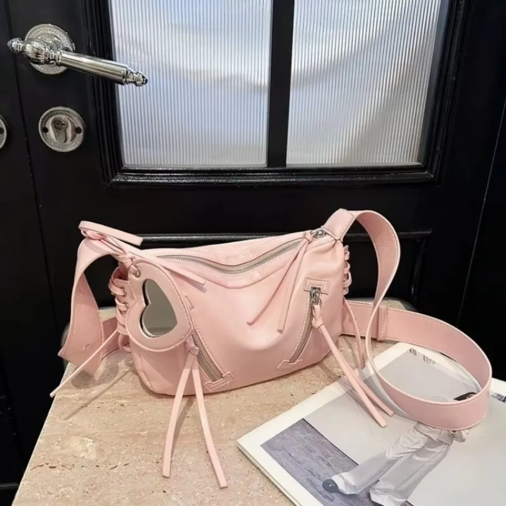 Elegancka skórzana torba na ramię z lusterkiem w kształcie serca, styl motocyklowy, koreańska torebka pod pachę, jednolity kolor, duża pojemność, torba crossbody w stylu Y2K Punk