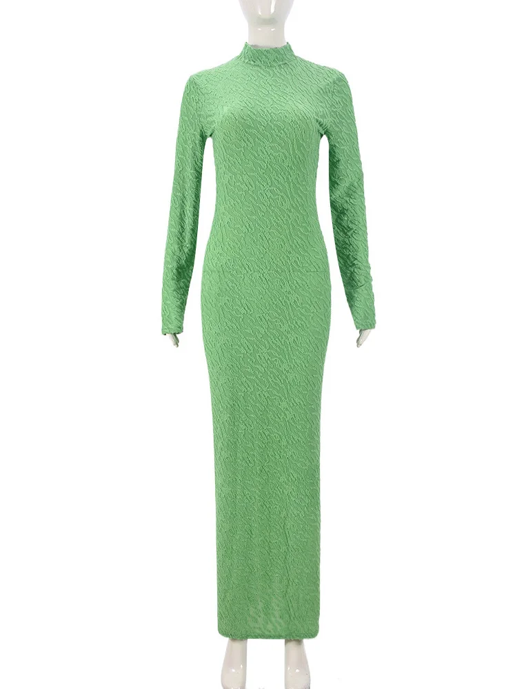 Wmstar Women Dress Autumn Elegant Fashion Solid Color Long Sleeve Pullover Round Neck Floor Length Slim Boydcon Party Dresses