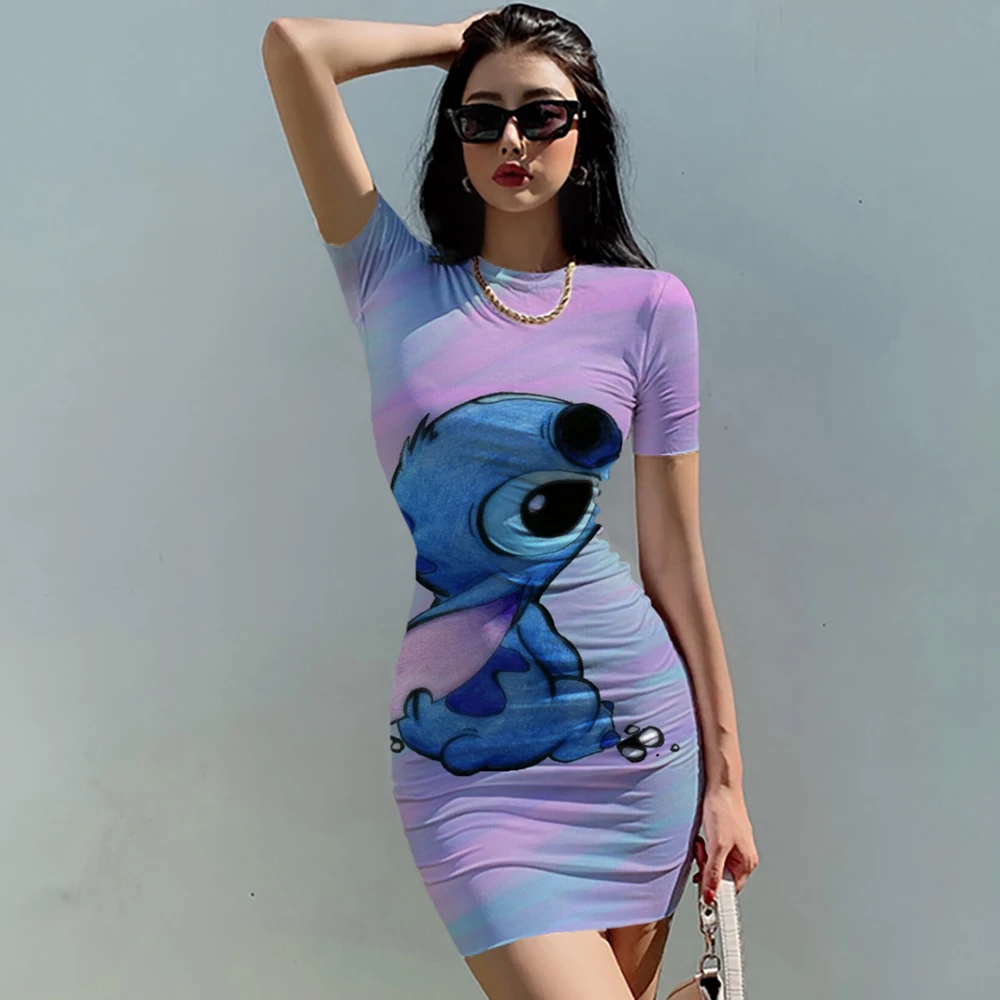 Gaun Wanita Disney Stitch Lengan Pendek Gaun Modis Kasual Musim Panas Gaun Elastis Bergaya Pakaian Pesta Bodycon Seksi