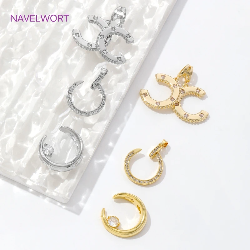 18K Gold Plated Brass Moon/Double C Pendants For Jewelry Making,Inlaid Zircon Pendants Charms DIY Necklace Making Accessories