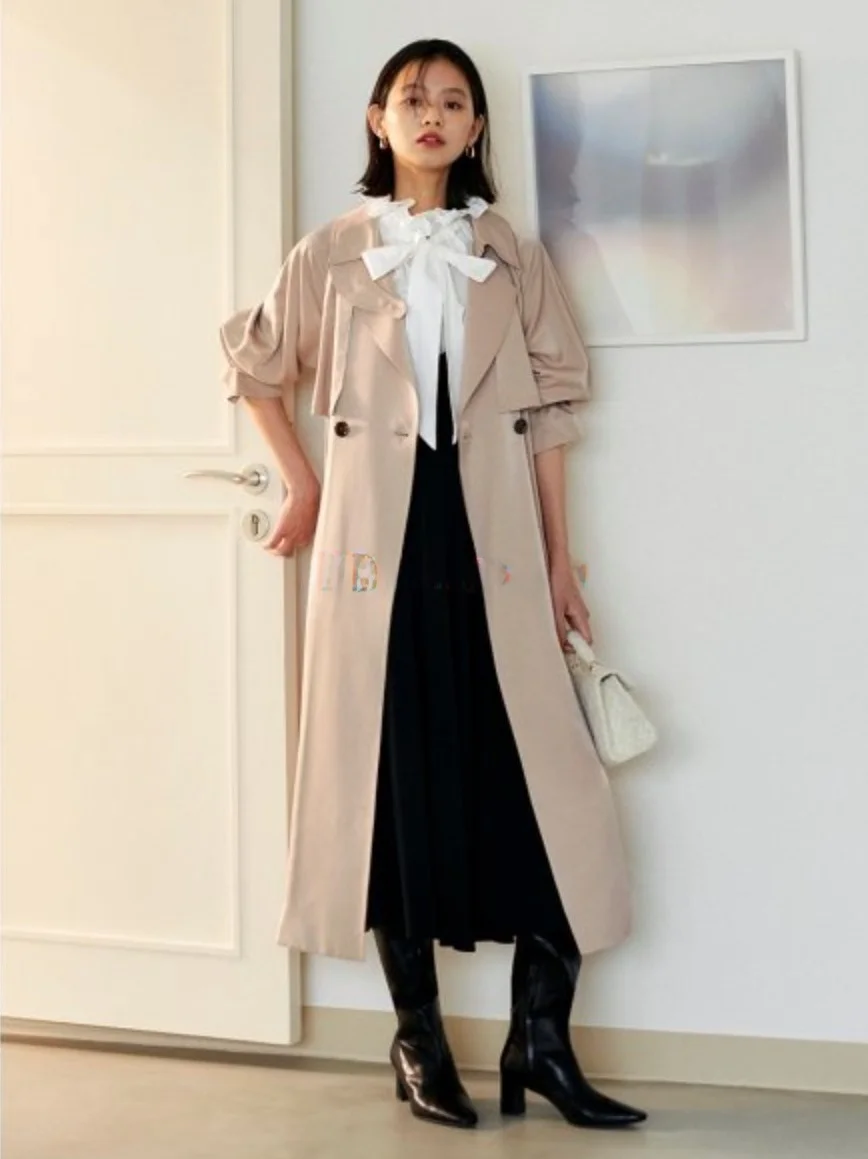 Elegant Glossy Lapel Belted Casual Coat Pure Color Sweet Japanese Style Double Row Buttons Long Sleeve Mid-Length Straight Cut