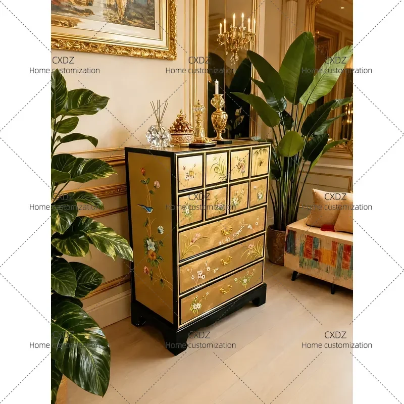 New Chinese Style Painted Gold Silver Foil Chest Cabinet Entrance Partition Living Room Storage Decorative Bedroom Drawer