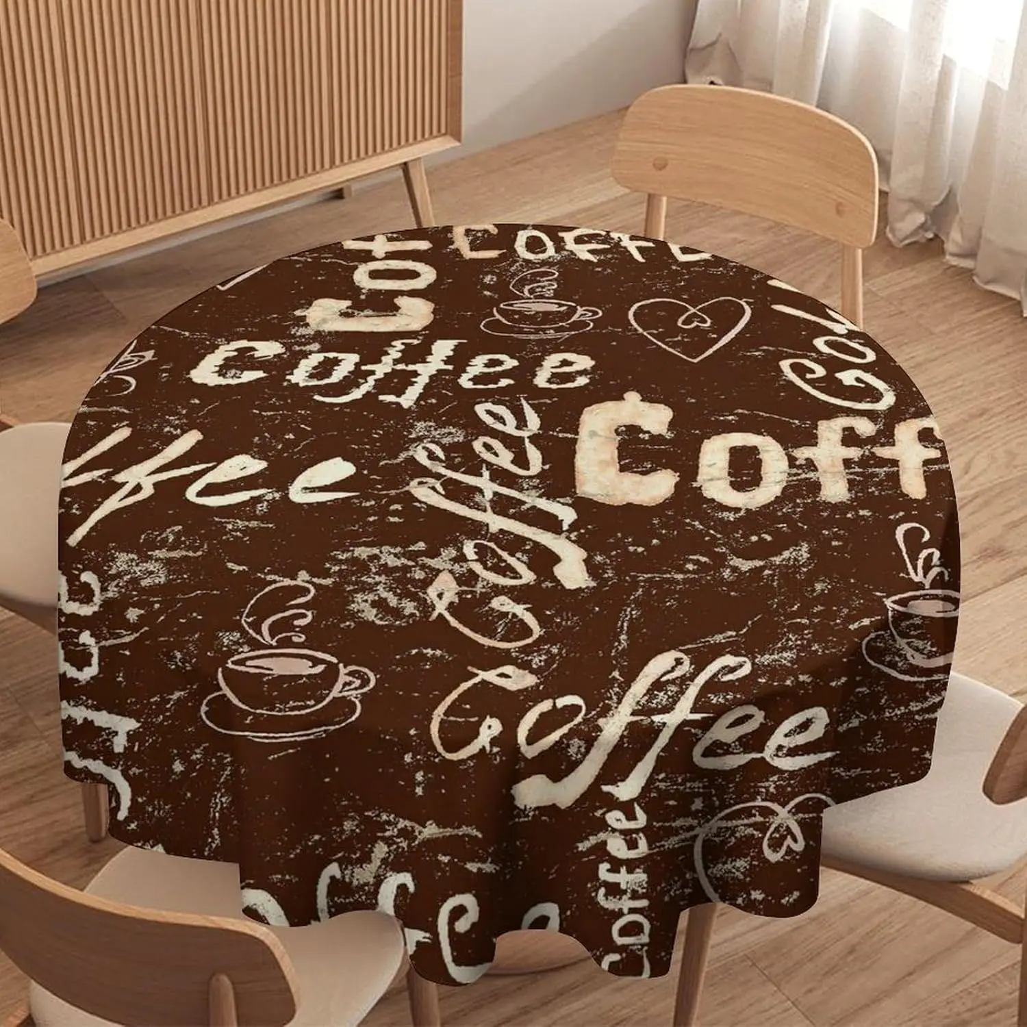Coffee Kitchen Round Tablecloth, Coffee Theme Farmhouse Cafe Modern Tablecloth for Home Party Dining Room Kitchen Decor