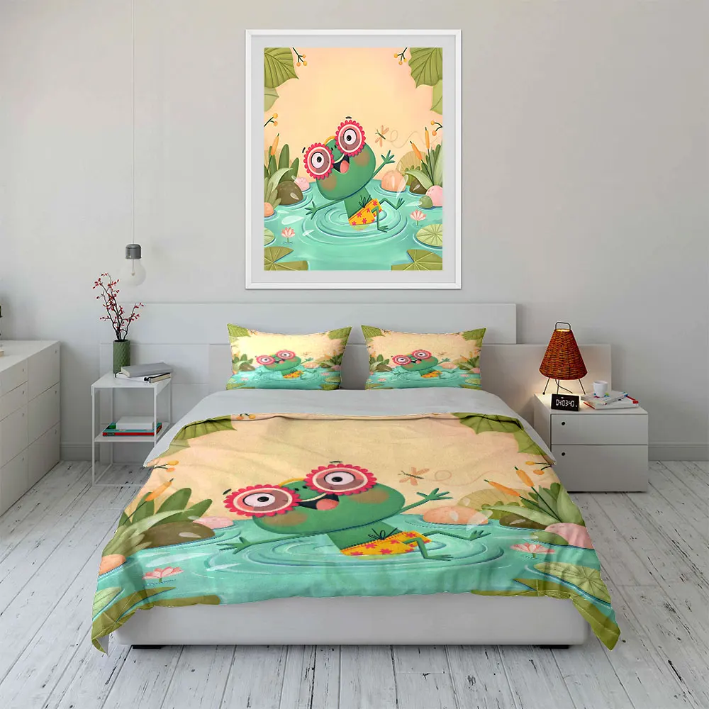 Cheerful frog playing in water Print Soft Comfortable Duvet Cover Bedding Set Included 1*Duvet Cover  2*Pillowcases Luxury Gift