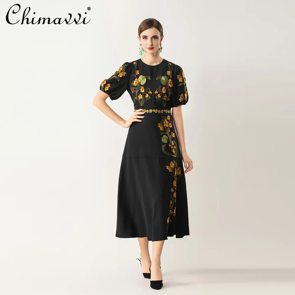 

2026 Spring French Style Round Neck Short Sleeve Heavy Industry Embroidery High Waist A-line Elegant Black Long Dress for Women