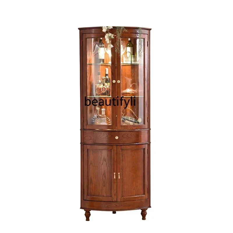 LJY12 خزانة مشروبات مثلثة من الخشب الصلب الأمريكي منحنية وبسيطة لغرفة المعيشة وباب زجاجي وخزانة زاوية للتخزين