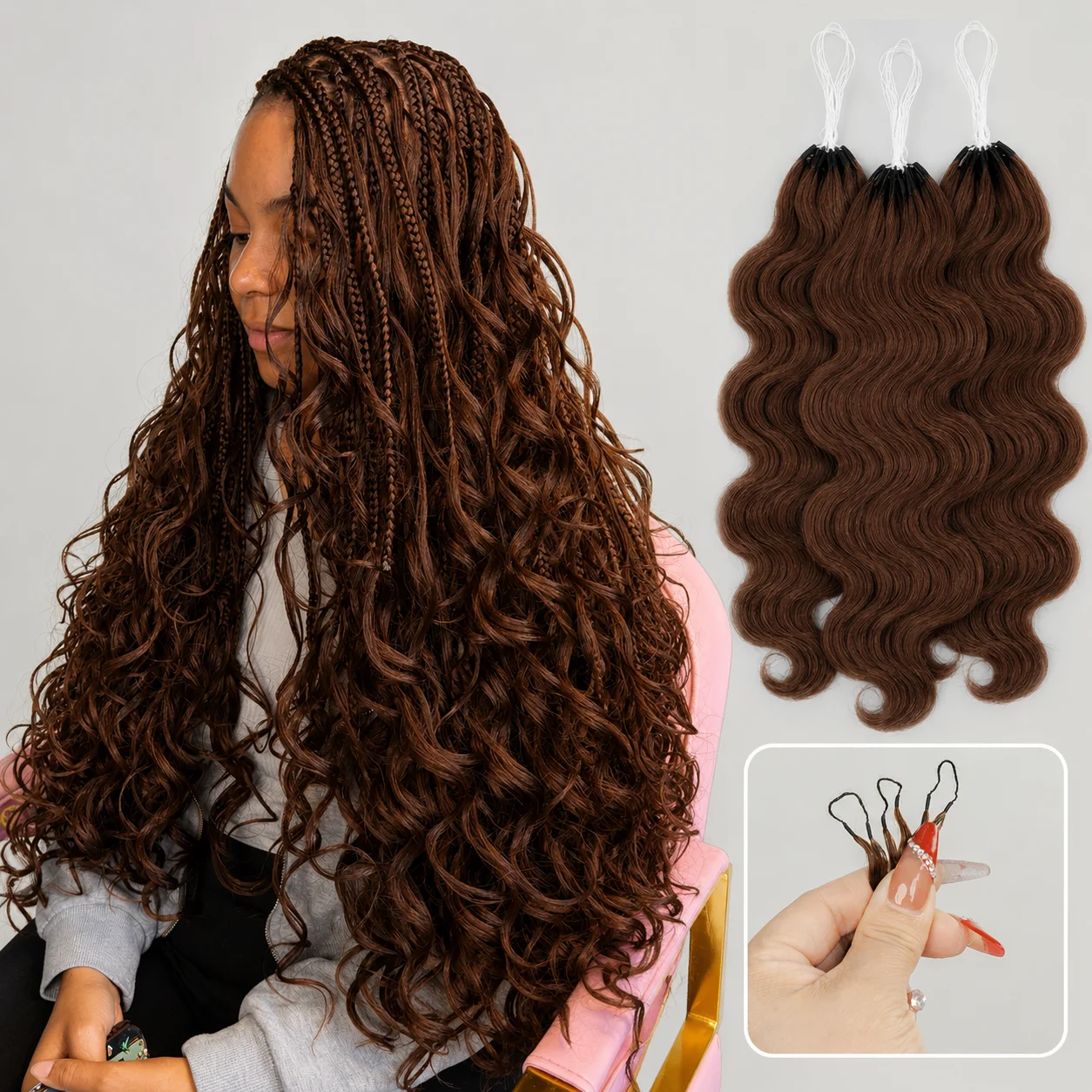 Extensions de cheveux humains au crochet, ondulées marron, effet plume, nœuds miracle, doux comme des plumes, pour tresses, pour femmes noires, pointes naturelles et volumineuses