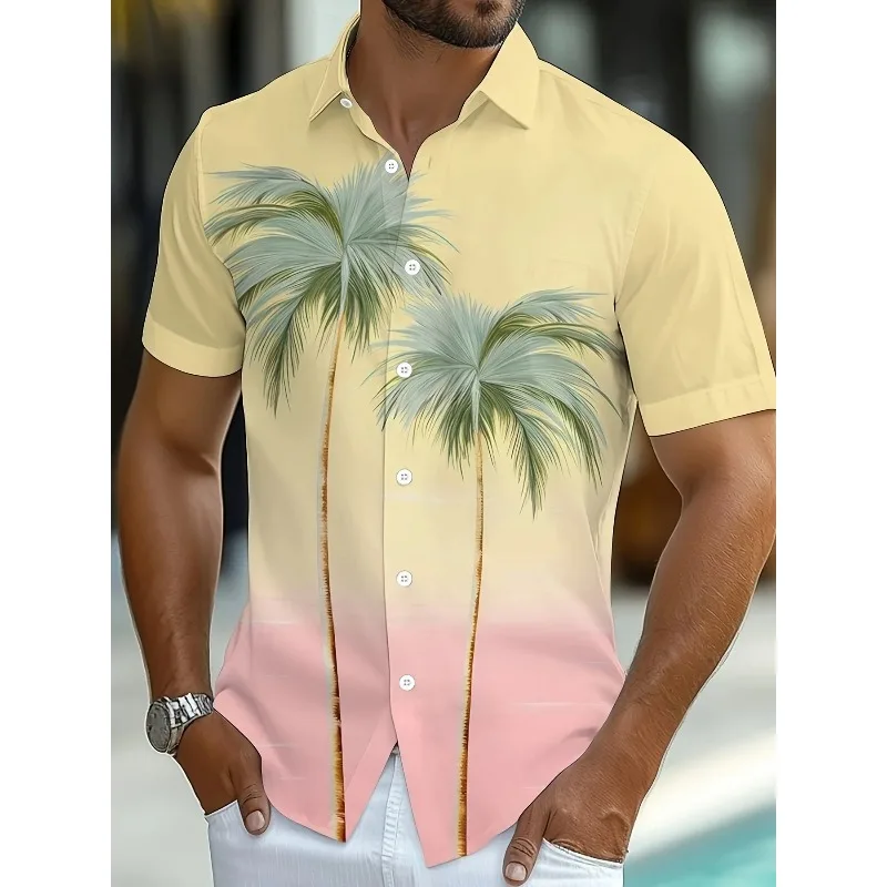 

3D Printed Lapel Coconut Tree Tropical Plant Design Hawaiian Vacation Holiday Beach Clothing Men's Summer Short Sleeve Shirt