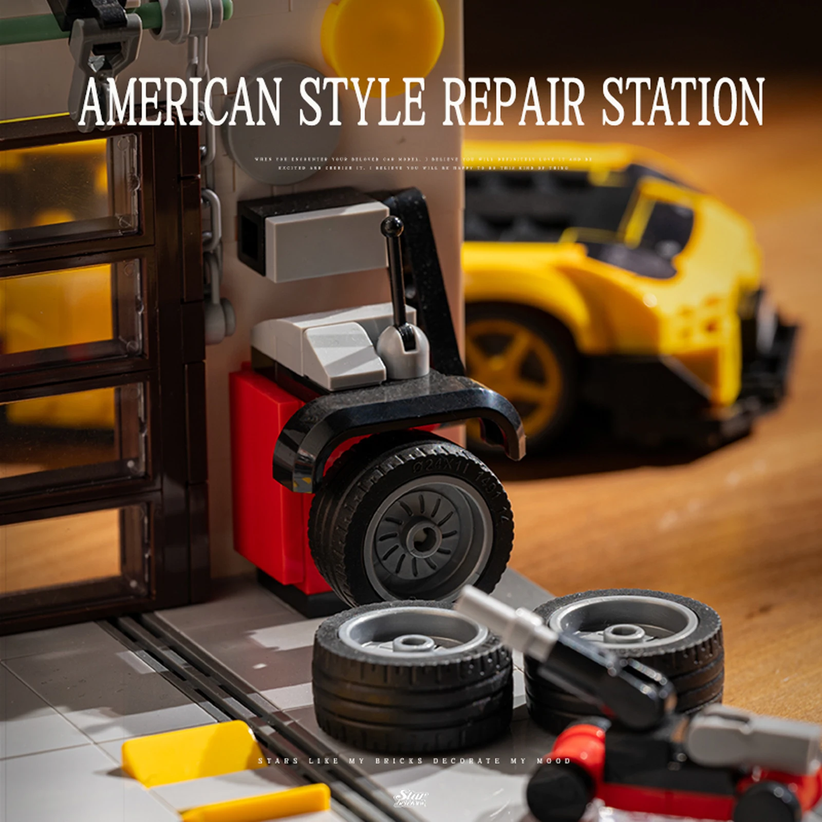 Moc estilo americano loja de reparo de automóveis blocos de construção técnica retro garagem arquitetura diy tijolos brinquedos para crianças adultos presentes