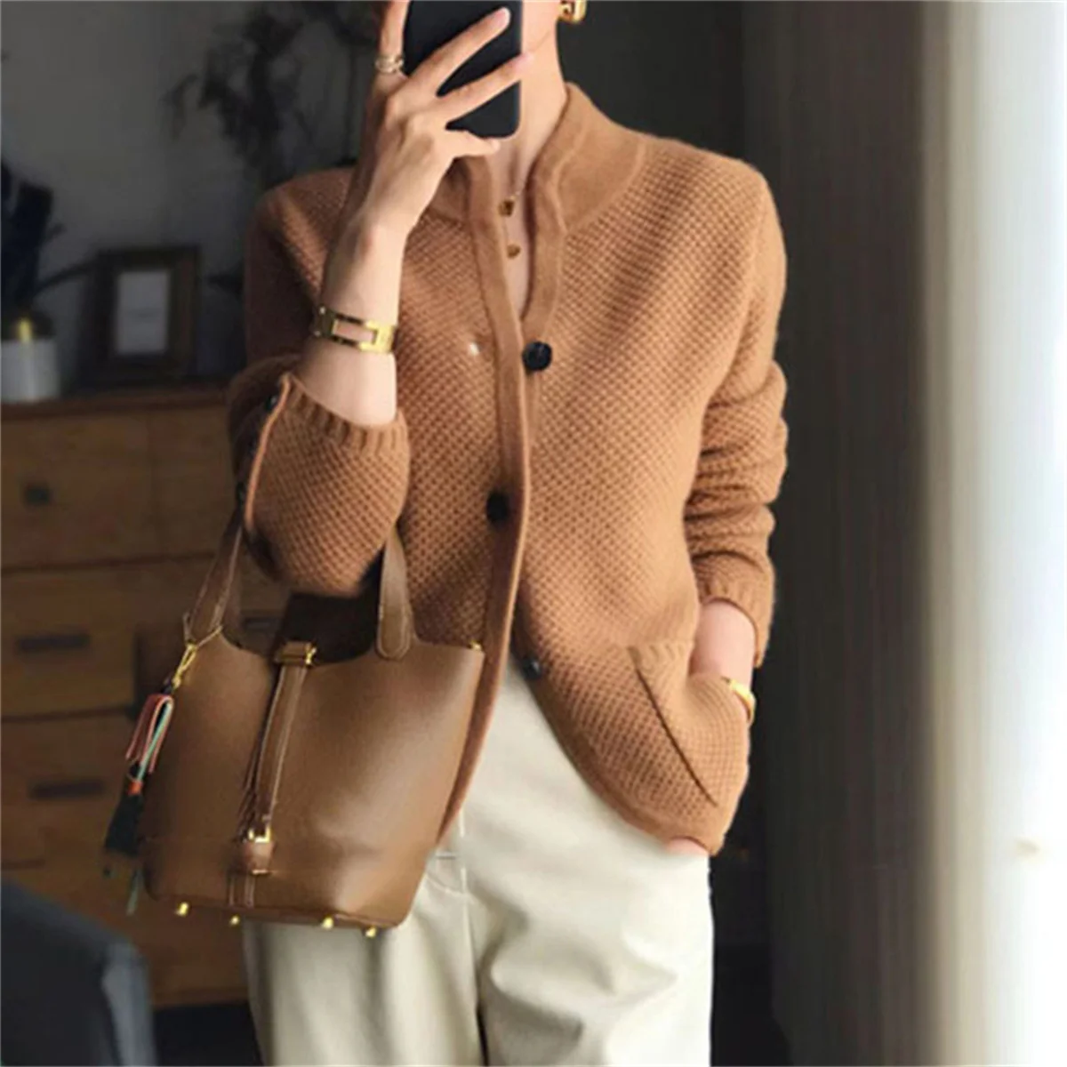 Stójka Nowy Sweter Kardigan Moda Damska Luźny Sweter Kurtka Jednorzędowa Długie Rękawy Eleganckie Kurtki Casualowe Biuro