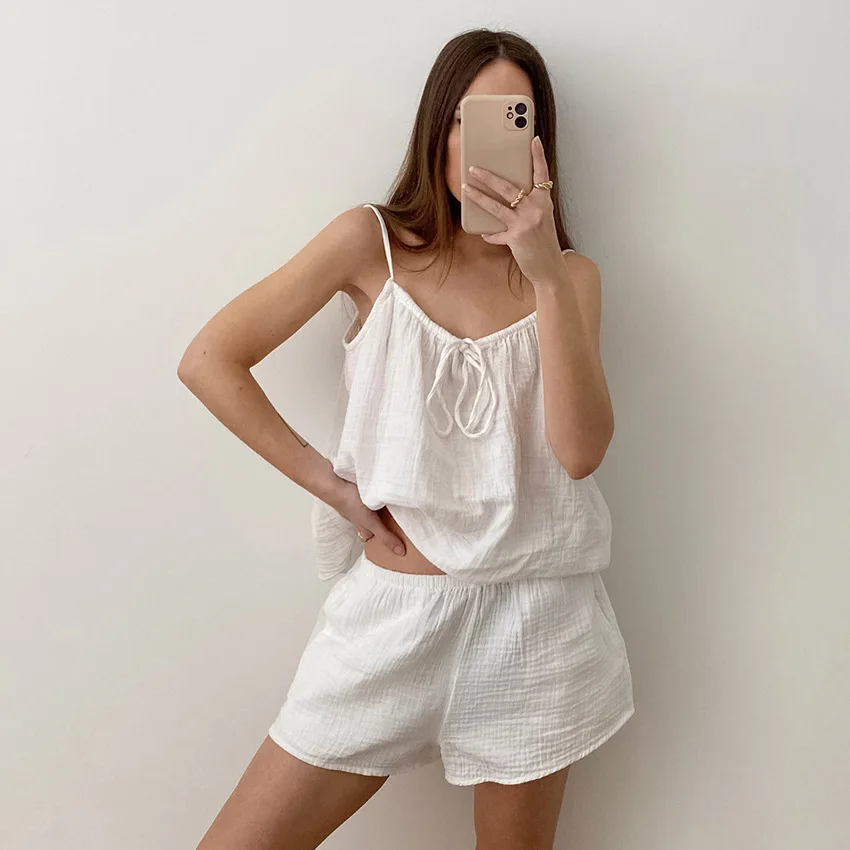 2025 Summer Sexy Halter Vest Pajamas Sleeveless Double Gauze Shorts Set Women's Home Clothes