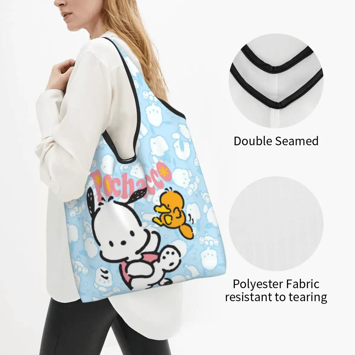 Custom Fashion Pochacco Sanrio Cartoon Shopping Tote Bags Portable Grocery Shopper Shoulder Bag