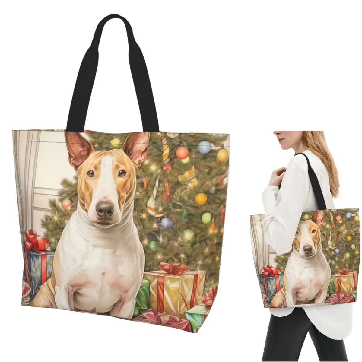 Christmas Staffordshire Bull Terrier Dog Portrait Shopping Tote Bag Canvas Shoulder Bags Shopper Grocery Handbag for Women