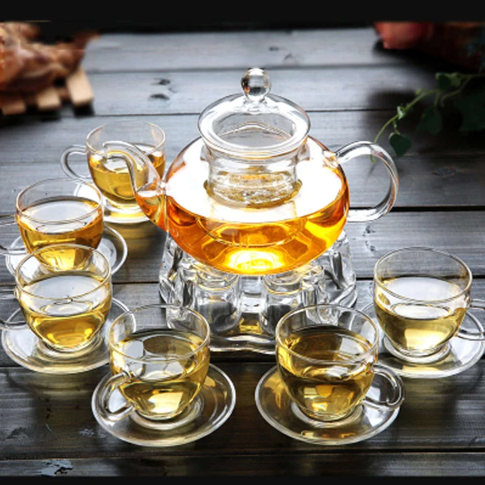 All Ready Elegant Glass Tea Set Borosilicate Glass Teapot With Cups Bamboo Tea Tray Tea SetKettle Warmer Glass Teapot Giftset