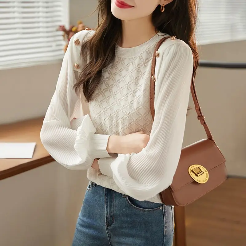 Koreanische Einfache Casual Süße Chic Taste Pullover Strickwaren Frauen 2023 Frühling Herbst Fashion Solid Rundhals Langarm Blusen