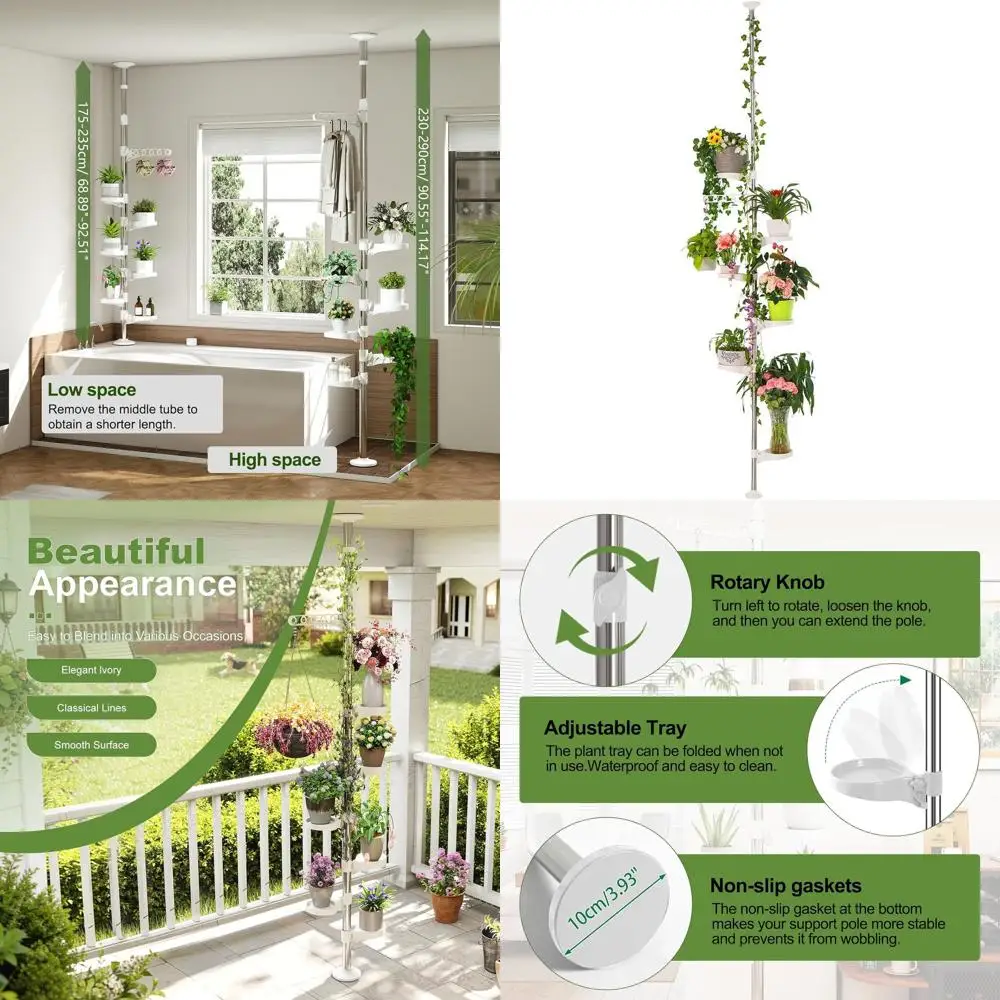 

7-Layer Metal Indoor Plant Stand with Spring Tension Pole, Space-Saving Display Rack, Ivory Pot Hanger Shelf