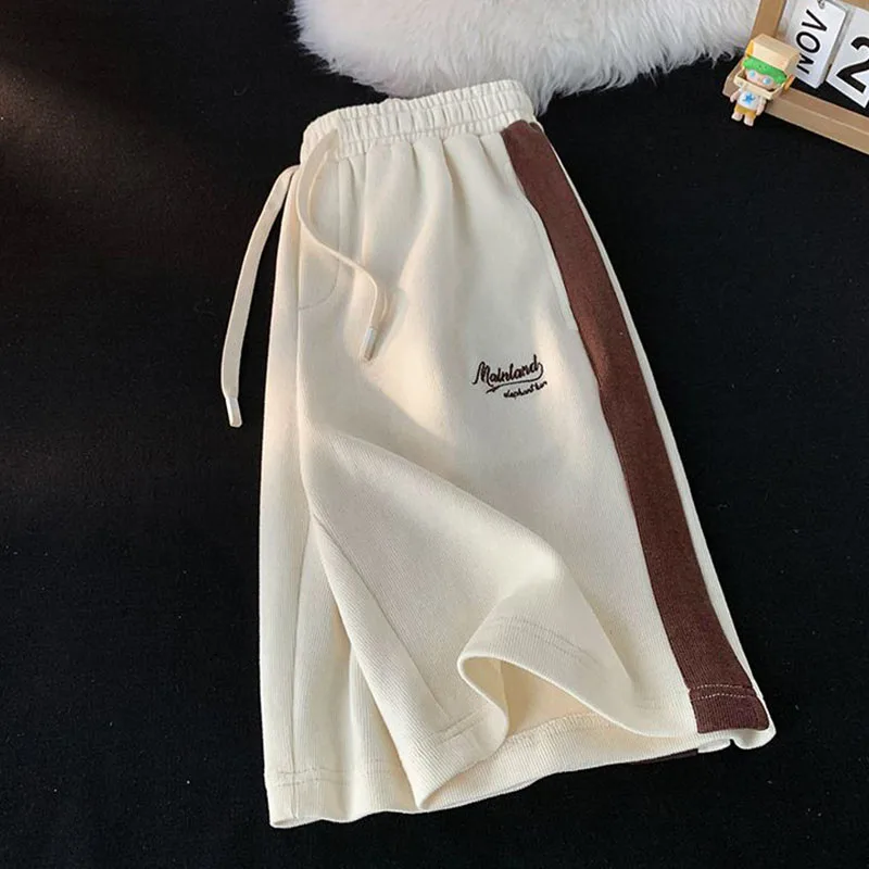 Y2K Letter Embroidery Striped Shorts Women Fashion Streetwear Jogging Sport Shorts Bf High Waist Loose All-Match Wide Leg Shorts