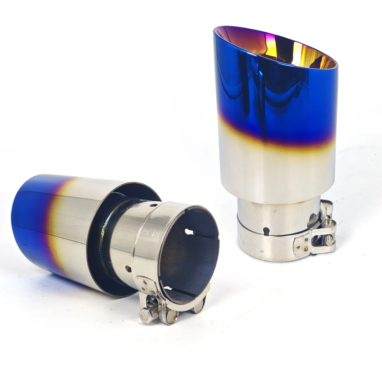 Blue Car 304 Stainless Steel Double Layer Exhaust Tip Universal Bevel Muffler Tip Clamp On Easy Install Auto Exhaust Pipe Nozzle