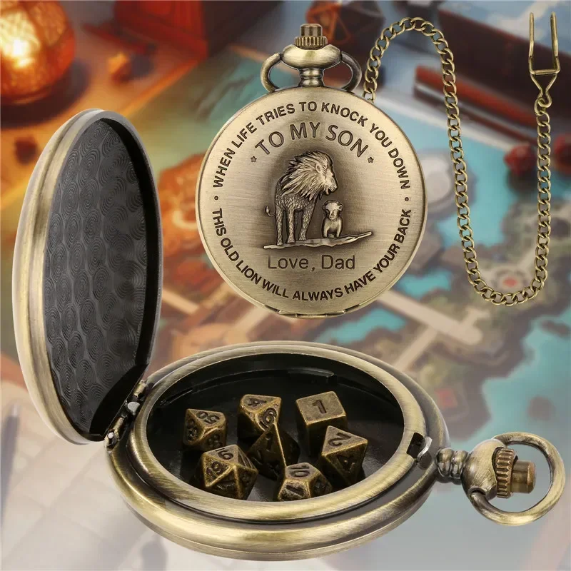 

Vintage 7Pcs/set Metal Dice Role Play Entertainment Gaming Dices with To My Son Love Dad Design Pocket Watch Case Pendant Chain