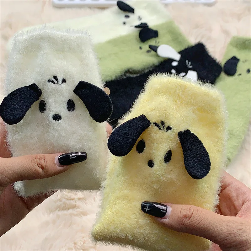 

5 пар осенне-зимних носков из меха норки, милые носки с рисунком маленькой собаки, средние носки-трубы, толстые и плюшевые домашние носки-поло