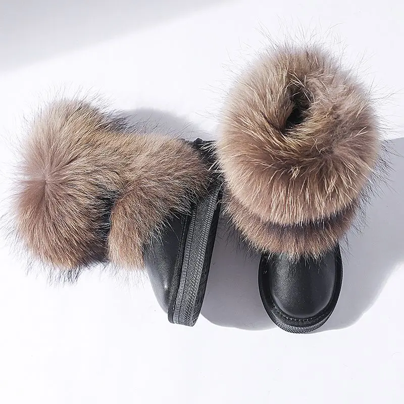 Luxury Fox Fur Snow Boots Medium Genuine Leather Winter Boots Wid Toe Women's Snow Shoes Waterproof Warm Real Fur Women's Boots