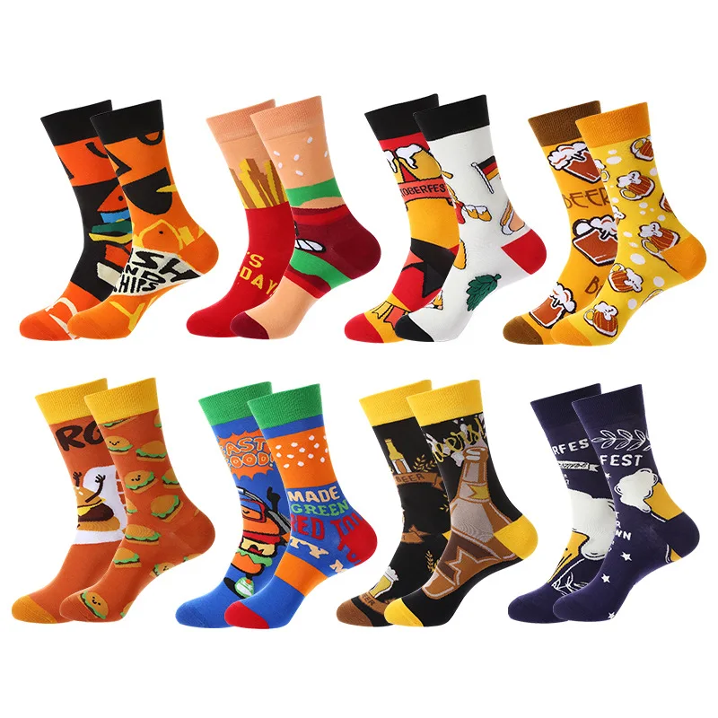 

4 Pairs Of Men's Socks Colorful AB Style Burger Beer Novelty Happy Fun Trendy Cartoon Various Pattern Crew Socks Breathable