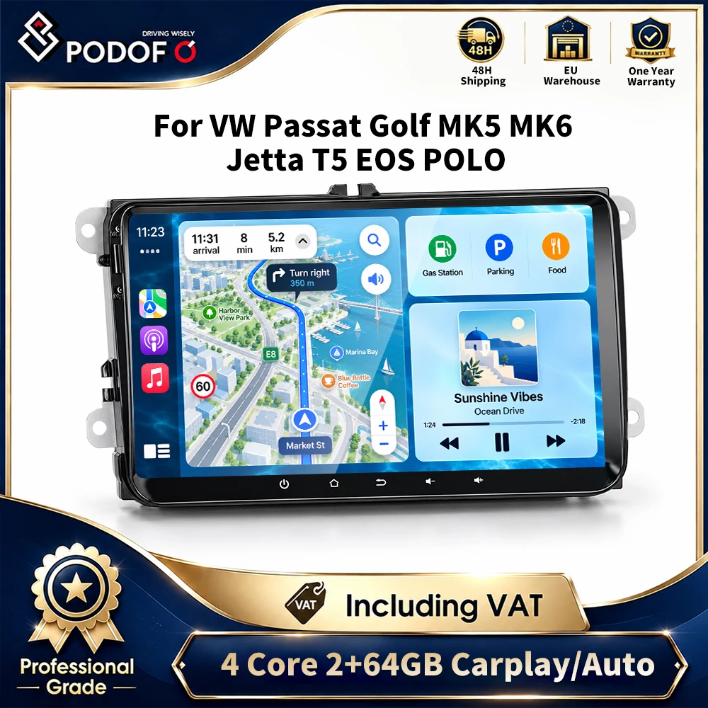 Autoradio Android Podofo 2 DIN con schermo touchscreen da 9'', 2GB+64GB, GPS, WiFi, Bluetooth, FM, lettore USB, CarPlay wireless, Auto Mirror Link per VW Passat, Golf, Jetta, Touran, Tiguan, Polo,