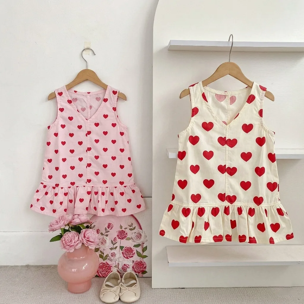 

2026 Summer New Girls Sleeveless Vest Dress Kids Cute Thin Princess Dress Baby Girl Heart Print Dress Cotton Toddler Clothes
