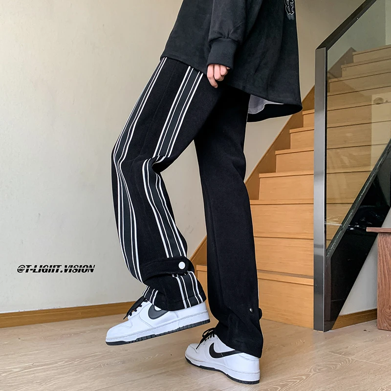 Black Streetwear Casual Sweatpants Side Stripe Elastic Low Rise Straight Pants y2k Aesthetic Jogger Trousers Men Loose Couples