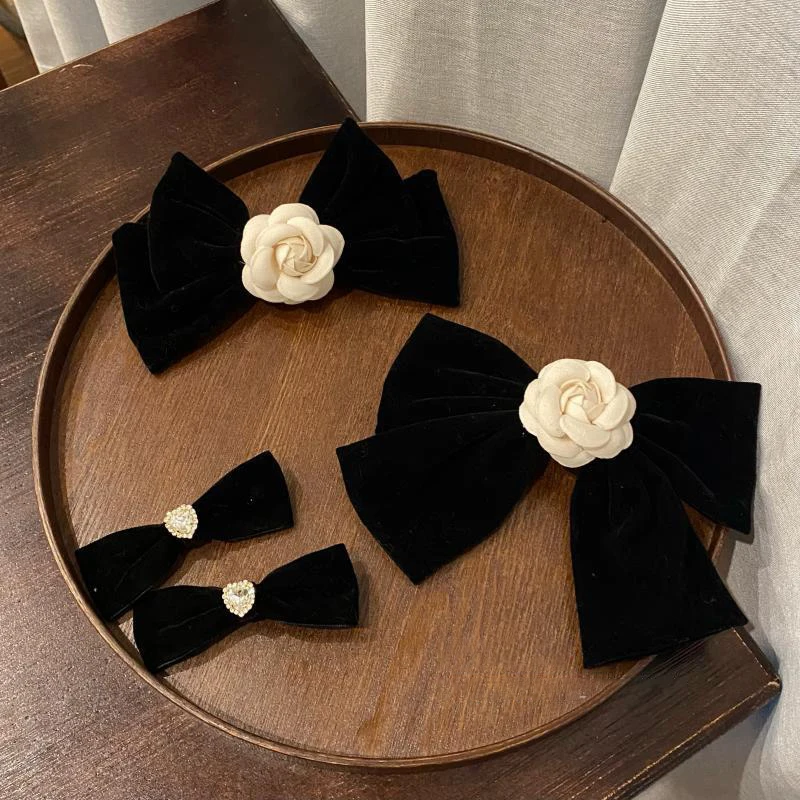 Pinza para el pelo con lazo grande de terciopelo negro Vintage para mujer y niña, Cinta Larga para boda, horquillas coreanas, pasador, accesorios