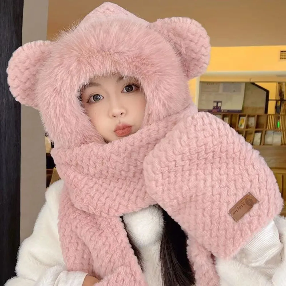 Cute Warm Hooded Scarf Hat Windproof Thickened Winter Hat Scarf Set Integrated Neck Anti-Freezing Warm Cap for Daily Wear