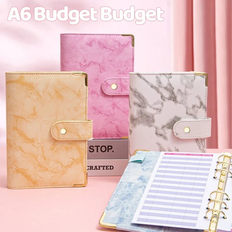 Organizador de ahorro de dinero A6, carpeta de presupuesto de cuero PU, cuaderno de mármol, planificador de presupuestos, sobre, suministros escolares de oficina