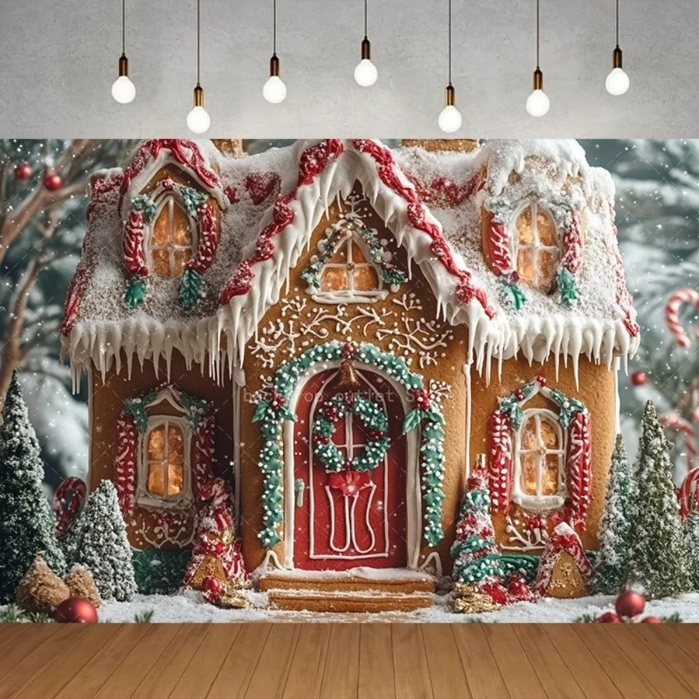 

Christmas Tree Children's Birthday Party Banner Background, Winter Christmas Snow Ginger Cake House Decoration Shooting Backdrop