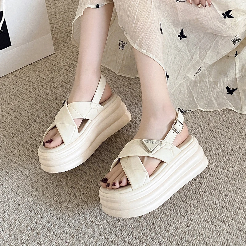 New Summer Women Chunky Sandals Leather High Platform Trainers Breathable Casual Slippers Shoes Woman 7.5CM Heels Wedge Sneakers