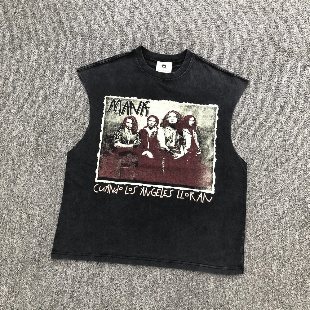 Yao Fashion Casual Vintage Washed Old Men Tops Tank Streetwear Band Rock Loose Oversize Summer Sleeveless Tee Vest For Men