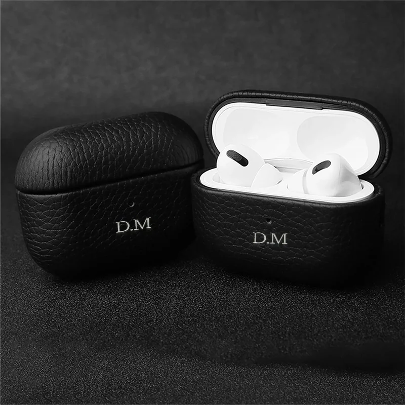 PERSONALIZED Name Initials Customize Bluetooth Earphone Case For Airpods 1 2 Pro 3 Luxury Lychee Skin Pattern Soft Headset Cover