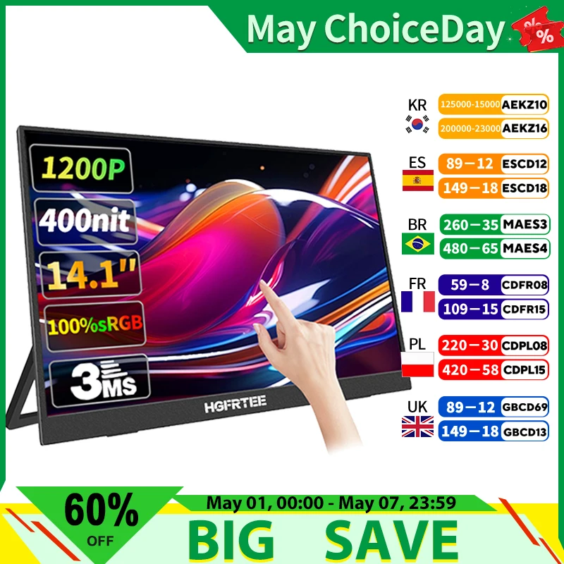 Pantalla portátil HGFRTEE pantalla táctil de 14 pulgadas pantalla táctil de 10 puntos pantalla portátil adecuada para ordenador portátil Mac Xbox PS4/5