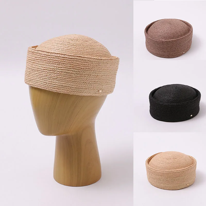 

New Trendy French Retro Style Women Natural Raffia Straw Pillbox Hat Summer Handmade Woven Grass Beret Top Hat Travel Dome Caps