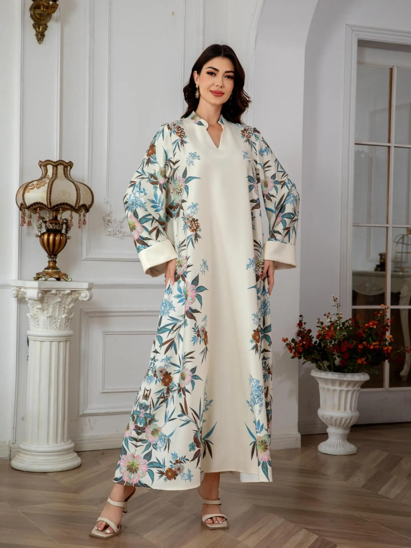 

Sophisticated Islamic Abaya Dubai Printed Maxi-Length Dress Conservative Long Sleeve Dress Bohemian Evening Gown Abaya