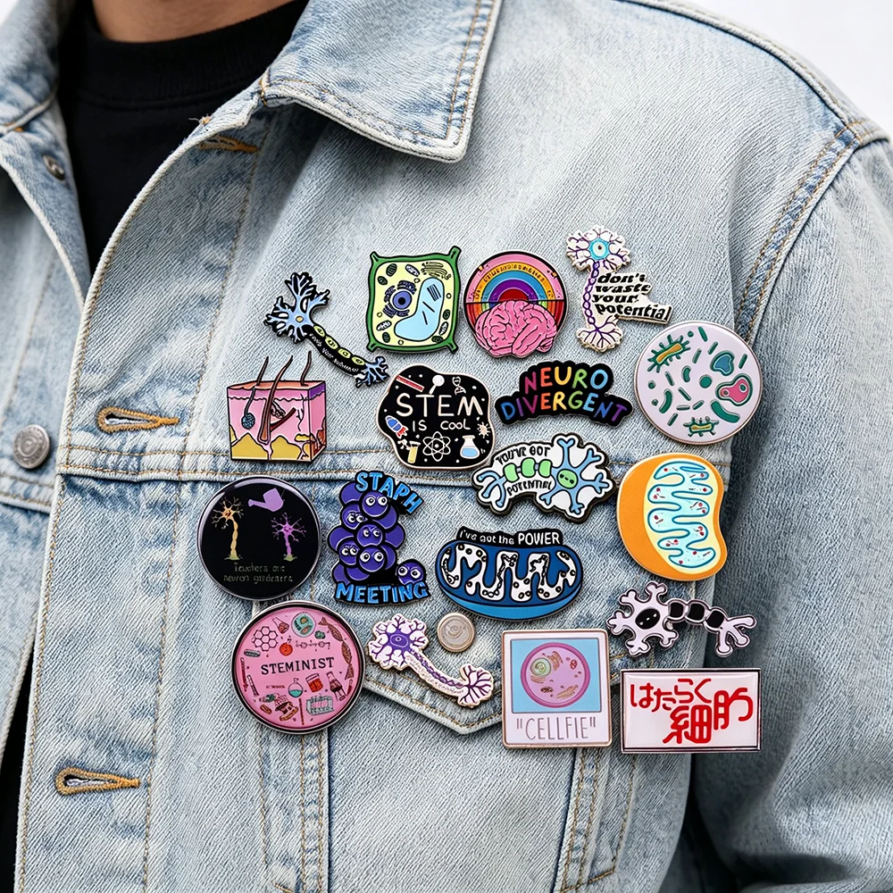 Funny Biological Humor Cartoon Metal brooch Neural Element Cell Badges Jacket And Backpack Decorative Pins Commemorative Gifts