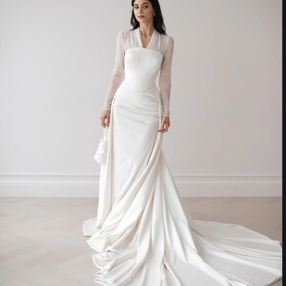 Elegante Brautkleider V-ausschnitt Langarm Meerjungfrau Braut Kleid Sweep Zug Arabisch Satin Brautkleid Angepasst vestidos de novia