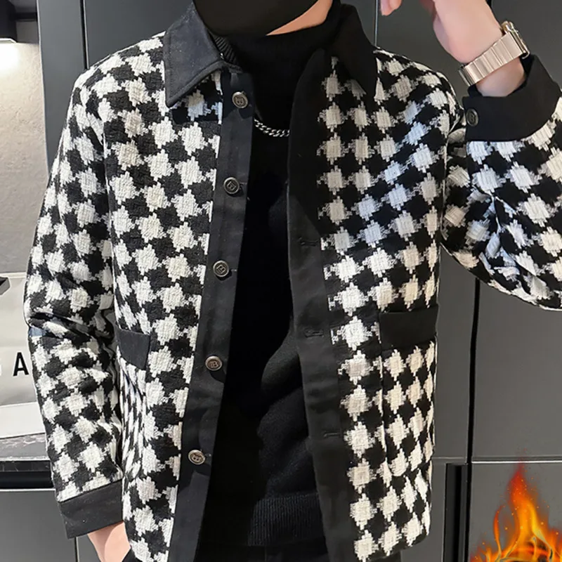 Fall Black White Plaid Vintage Bomber Jacket Men Casual Keep Warm Male Jacket Single BreastedClub Outfit Mens Bomber Jackets