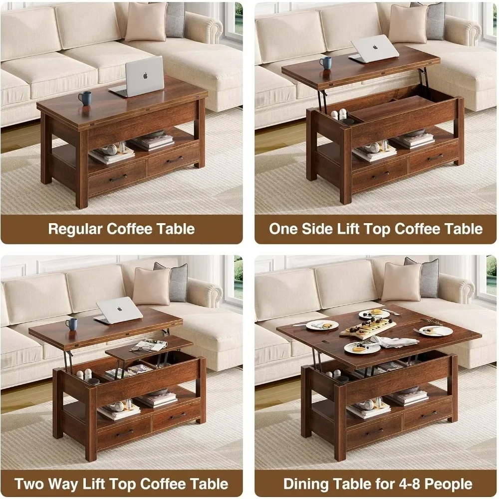 A multifunctional convertible with a coffee table lift top, drawers, and hidden compartments