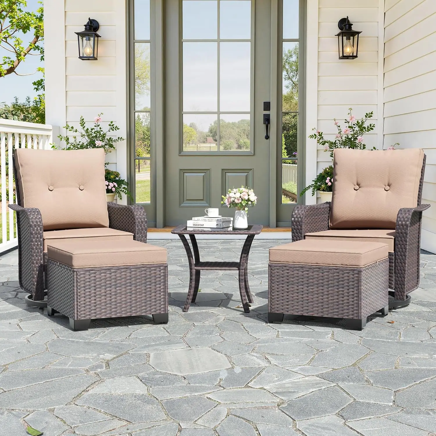Swivel Rocker Chair Set 5-Piece Wicker Patio Furniture Rattan Table Cushion Ottoman 300lbs Porch Beige, Customized