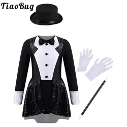 Kids Girls Shiny Sequin Magician Costume Outfits Bow Tie Leotard Dress with Hat Magic Wand Gloves Set Halloween Dress Up Clothes