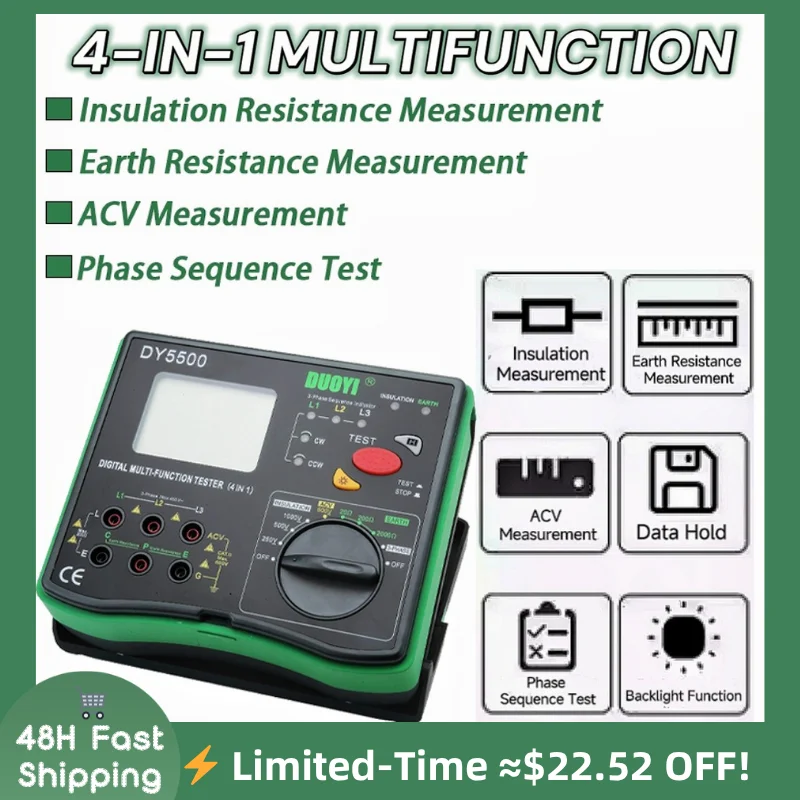 4-in-1Digital Multi-Function Tester Insulation+Earth Resistance Tester AC Voltage Phase Sequence Test High Accuracy Portable