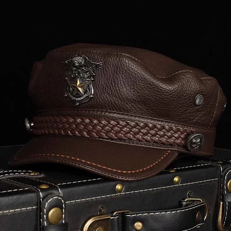 Boné militar retrô masculino de couro genuíno, chapéu superior plano, moda águia, trança de couro, punk, preto/marrom, locomotiva casquette