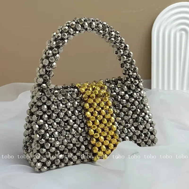 Bolsas metálicas de contas acrílicas para mulheres, bolsas de contas femininas, moda noturna, bolsa de luxo, verão, praia, prata, 2022