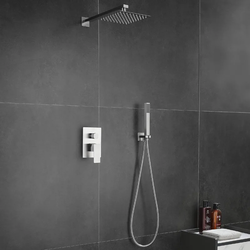 304 Stainless Steel Concealed Wall Mounted Bathroom Shower Faucet Bath Tap With Hand Shower Square Shower Faucet Set