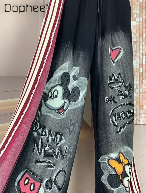 

Trendy Brand Spring-summer American-style Heavy-duty Color-blocked Cartoon Pants with Red Trim Casual Long Pants